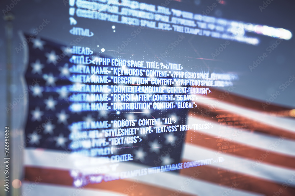Aufkleber double exposure of abstract creative programming illustration on us flag and blue sky background, bi