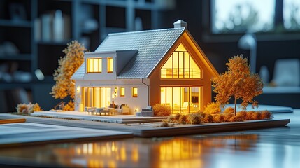 Illuminated Scale Model of a Suburban House With Landscaping During Twilight - obrazy, fototapety, plakaty