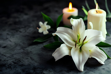 Elegant lily and flickering candle on a dark background, providing space for text. Serene funeral arrangement with white flowers.