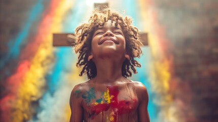 Joyful Child With Painted Chest Under Colorful Rays
