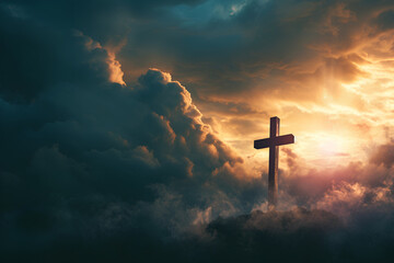 The sacred cross, symbolizing the death and resurrection of Jesus Christ, stands prominently atop Golgotha Hill, enveloped in divine light and ethereal clouds, evoking an apocalyptic theme. - obrazy, fototapety, plakaty