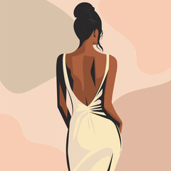 Vector flat illustration of a sexy African woman in a stylish backless dress. Back view.
