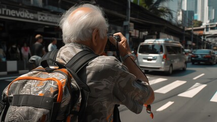 Fototapeta na wymiar Urban Photographer Capturing City Life Amidst Bustling Streets