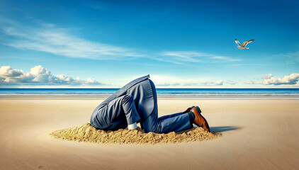 Fototapeta na wymiar Businessman burying head in sand on beach, conceptual take on denial and avoiding reality with humorous twist.