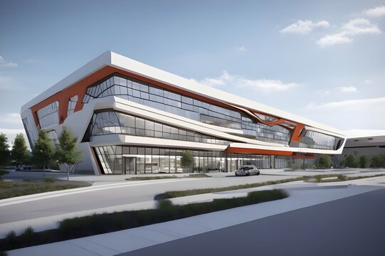 Envision An Innovative And Dynamic Industrial Complex Presented In A Cutting-edge 3D Style. The Building Plan Showcases A Futuristic Layout With Interconnected.