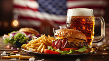 American Feast, Craft Beer, Burger, Fries, and Salad