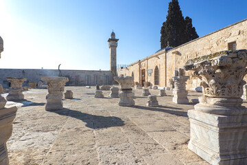 Al-Aqsa Mosque exterior with column tops exposition