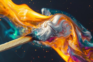 close-up of a lit matchstick against a dark background. The match head is engulfed in flames, vibrant colors of orange yellow and white with hints of blue and purple.
