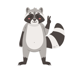 Cute raccoon showing victory fingers gesture. Funny raccoon in standing pose vector illustration