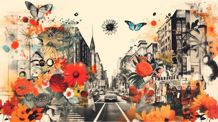 graffiti on the street collage style design incorporating vintage wallpaper