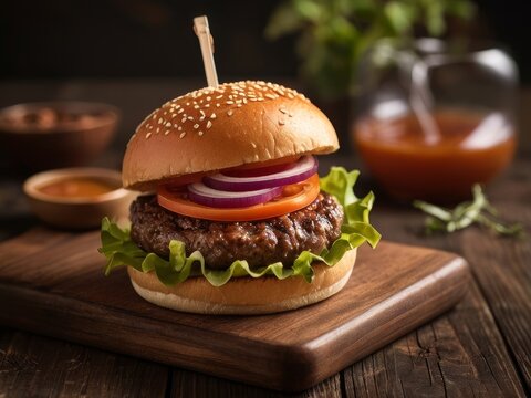 delisious hamburger on a wooden table