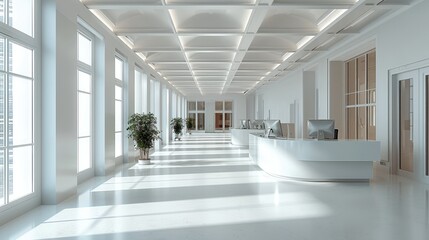 Fototapeta premium A large office interior in the style of white and neutral tones. Generative AI.