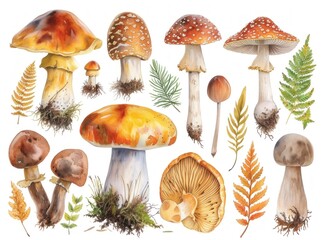 set of mushrooms isolated on white Background