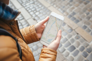Traveller's hands holding smartphone open map application  - obrazy, fototapety, plakaty