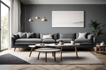 Living room wall mockup in bright tones with leather sofa and leather armchair. close up view.