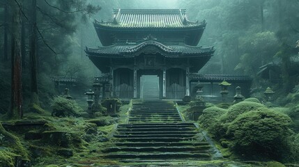 A Japanese abandoned temple in a mossy forest. Generative AI.