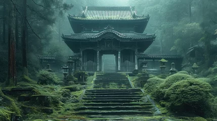 Fototapete Altes Gebäude A Japanese abandoned temple in a mossy forest. Generative AI.