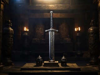 A sword keep on stand in lowlight