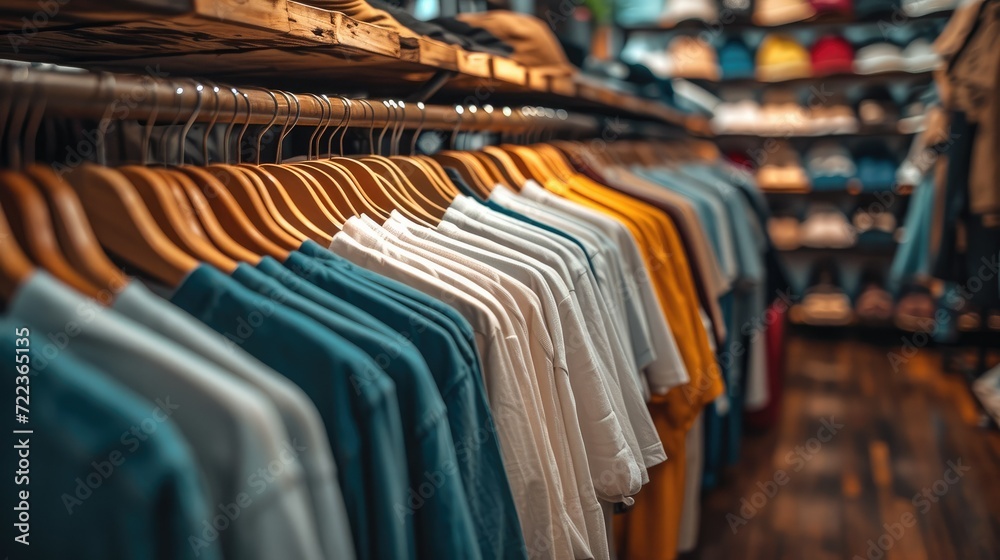 Poster a collections of casual wear, simple t-shirts and shorts. generative ai.