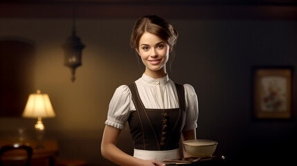 female domestic servant who wears a traditional maid waitress service staff barmaid - obrazy, fototapety, plakaty