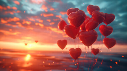 A many heart balloons floating in the sunset sky with free copy space for text. Use a vibrant color...