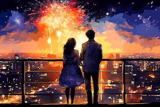 a watercolor illustration depicting a couple in love against the backdrop of a night city.