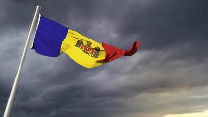 Moldova flag waving on massive sundown clouds at hail rain forecast background