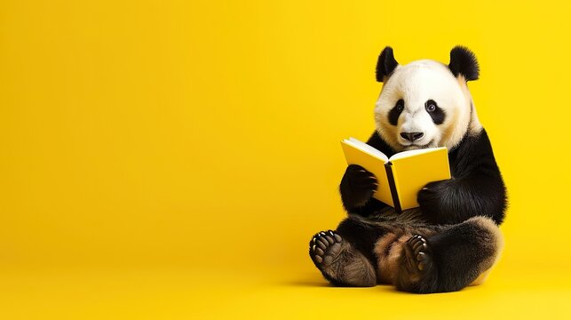 Funny big panda reading a book on yellow studio background. Banner with place for text. Created AI