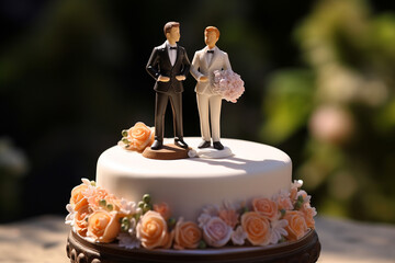 Wedding cake topper with two grooms, figurines of a gay couple. Gay marriage concept. Same-sex gay marriage, wedding sweets and decorations.