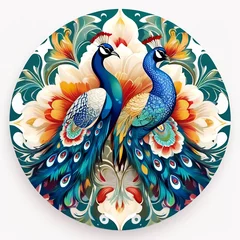 Gordijnen Colorful Peacocks with a decorative pattern floral and ornamental mandala style design © Faysal