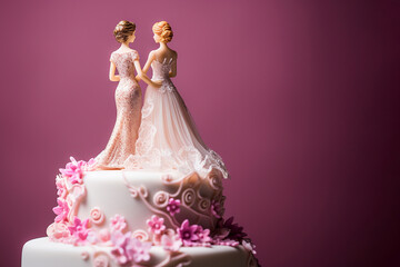 Wedding cake topper with two brides, figurines of a lesbian couple. Gay marriage concept. Lesbian couple wedding day, same-sex gay marriage, wedding sweets and decorations.