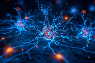 This image shows a detailed and illuminated representation of neurons and synapses, which are the basic units of the brain. The image can be used for various purposes related to neuroscience