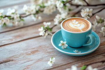 Spring composition with cup of hot coffee among blooming tree branches outdoors. Coffee cup with latte art and spring blossom. Coffee table in a spring garden, spring concept