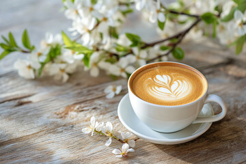 Spring composition with cup of hot coffee among blooming tree branches outdoors. Coffee cup with latte art and spring blossom. Coffee table in a spring garden, spring concept