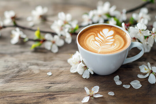 Spring composition with cup of hot coffee among blooming tree branches outdoors. Coffee cup with latte art and spring blossom. Coffee table in a spring garden, spring concept