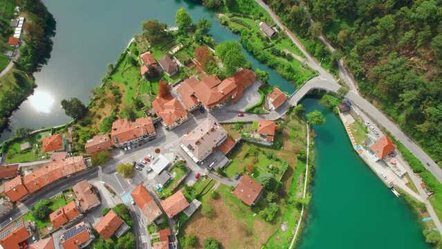 Aerial view of the Kanal ob Soci town in Slovenia.