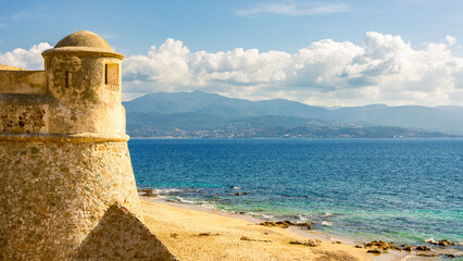 Fototapeta na wymiar La Citadelle in Ajaccio, Old stone fortress and sandy beach in Corsica, France