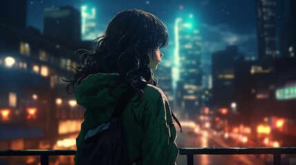 Fototapeta na wymiar anime girl in the urban city at night, Medium-Long Shot, back view