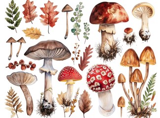 set of mushrooms isolated on white Background