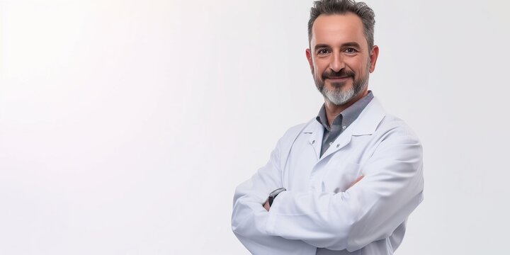 A male doctor in a white coat. A studio photo of a doctor on a white background. The concept of hospital, health, medicine