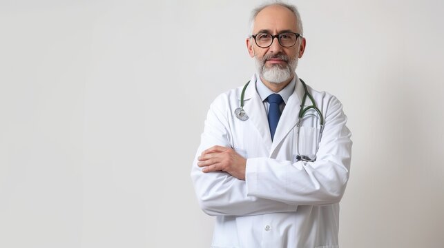 A photo of a man in glasses and a bathrobe with a stethoscope. The doctor or his assistant folded his arms on his chest, standing isolated on a white background