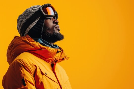 A man in an orange sports jacket and glasses for skiing, snowboarding. Studio photo of a skier, snowboarder on an orange background, close-up view
