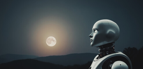 androide dall'aspetto umanoide che alla luce di una grande luna piena fissa un punto nel cielo notturno - obrazy, fototapety, plakaty