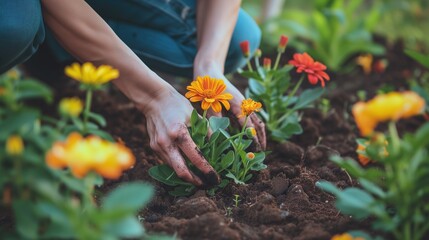 Hands of a gardener carefully planting vibrant marigolds in rich garden soil, nurturing growth and sustainability