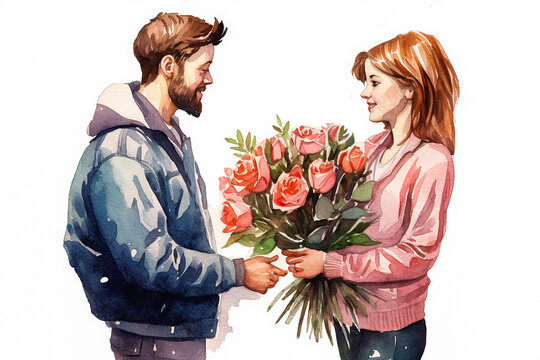 a watercolor illustration beautifully depicts a guy presenting a bouquet of flowers to a delighted girl.