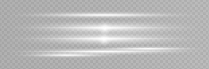 White horizontal lens flares pack. Laser beams, horizontal light rays. Luminous abstract sparkling lined background.