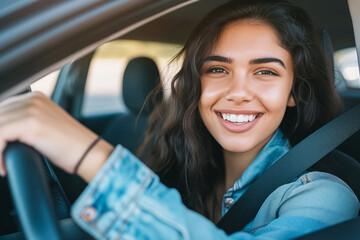 Young Latina woman smiling at the wheel of a car during driving practice to get her driver's license.