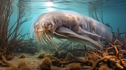 A majestic walrus glides through its natural underwater habitat, among kelp and marine life on the ocean floor.