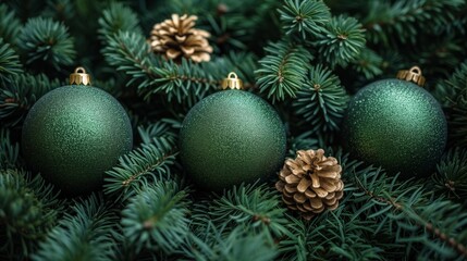 Fototapeta na wymiar Green Christmas Ornaments and Pine Cones Amidst Fir Branches