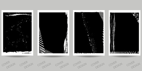 Abstract minimal geometric backgrounds set. Black geometric pattern with art grunge texture drawn with brushes . For printing on covers, banners, sales, flyers.  Vector.